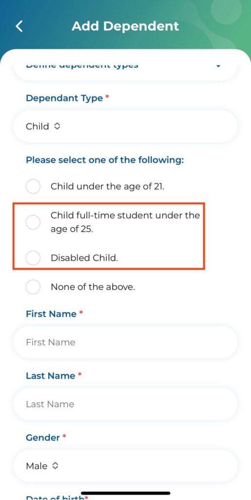 Disabled Child or Student under the age of 25 require documents